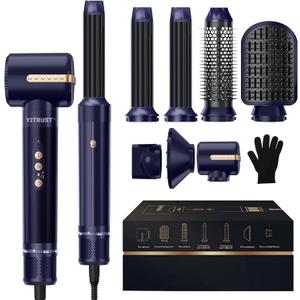 Blow Dryer Brush 7inONE,110000RPM High-Speed Negative Ionic Hair Dryer with Diffuser Concentrator,Curling Iron Hair Straightener Round Brush Blow Out Magic Styler (Blue)