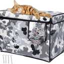 Indestructible Cat House Outdoor with Two-Sided Escape Door, Insulated and 100% Waterproof, Outside Weatherproof Feral Cat Shelter for Winter, Oxford Cloth Upgraded(Camouflage, L)