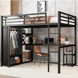Loft Bed Frame with Built-in Wardrobe, Metal Loft Bed with Desk and Storage Shelves