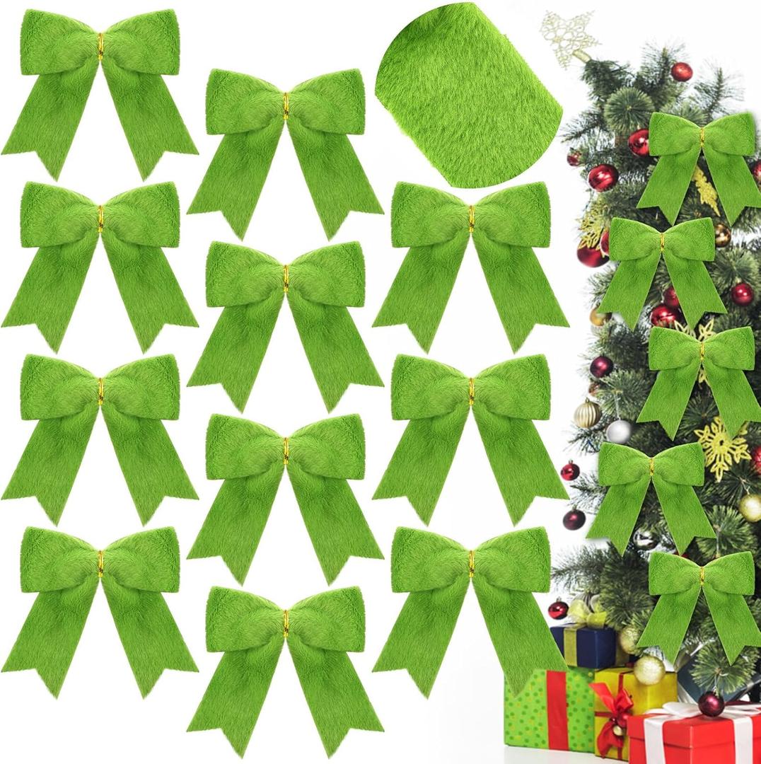 12 Pcs Lime Christmas Bows Christmas Tree Decorations 5.9 Inch Faux Fur Xmas Bows for Xmas Tree Ornaments Wreath DIY Craft Gift Wrapping Holiday Wedding Party Decoration(Green)