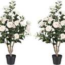 3FT Artificial Camellia Tree 2 Pack, UV Resistant Faux Camellia Plants with Realistic White Flowers, Tall Fake Potted Trees for Front Porch Patio Garden Home Decor, Indoor Outdoor
