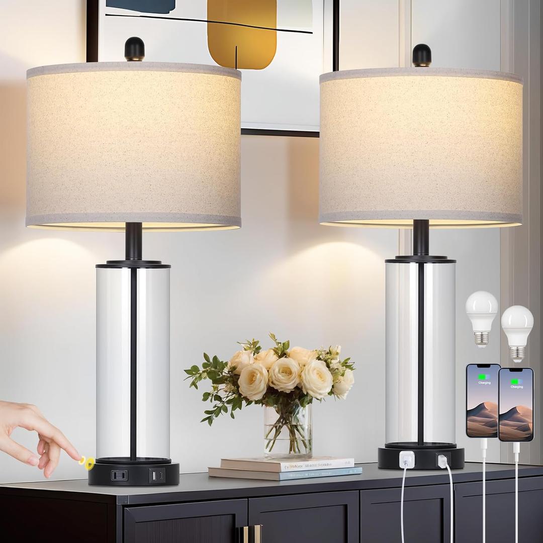 26" Black Glass Table Lamps Set of 2, 3-Way Dimmable Touch Control Living Room Lamp with USB C+A Ports & AC Outlet, Modern Bedside Lamps, Elegant Bedroom Lamps for Nightstand Side End Table Desk
