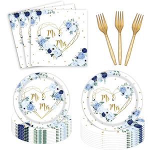 24 Guests Mr and Mrs Bridal Shower Party Supplies, Blue and White Flowers Hearts Geometric Party Plates Napkins Forks Set for Couple Wedding Bride to Be Engagement Party Decorations