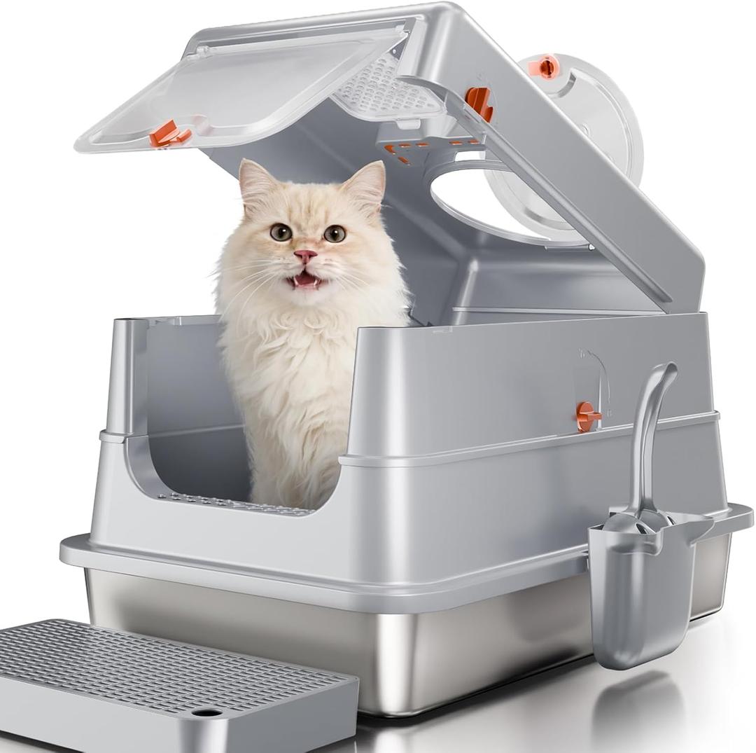 Stainless Steel Cat Litter Box with Lid, Extra Large Enclosed Metal Litter Pan with High Sides, Full Flip Cover Litter Box for Large Cat, Include Scoop & Step, Leak Proof Easy Clean Odor Control, Grey