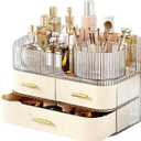 3-Layer Vanity Desk Organizer with Drawers, Clear Makeup Organizer Countertop, Roof Open Compartment with Dividers, Plastic Storage Bins for Skincare, Perfume Holder Organizer