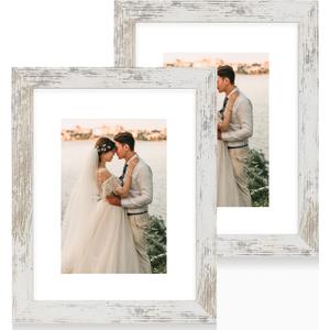 iRahmen 8x10 Picture Frame Set of 2 with HD Glass, Distressed White Wood Photo Frames Display 5x7 Pictures with Mat or 8 x 10 Without Mat for Horizontal or Vertical Tabletop and Wall Mounting