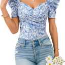 Floerns Women's Floral Short Puff Sleeve T Shirt Wrap Front Ruched Boho Tee Tops (Large, Blue and White)