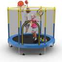 72" Trampoline for Kids with Net,6 FT Indoor & Outdoor Small Toddler Trampoline with Basketball Hoop & Dart Board for Ages 1-8, Birthday Gifts for Boys & Girls, Baby Toddler Christmas Toys (Blue/Yellow)