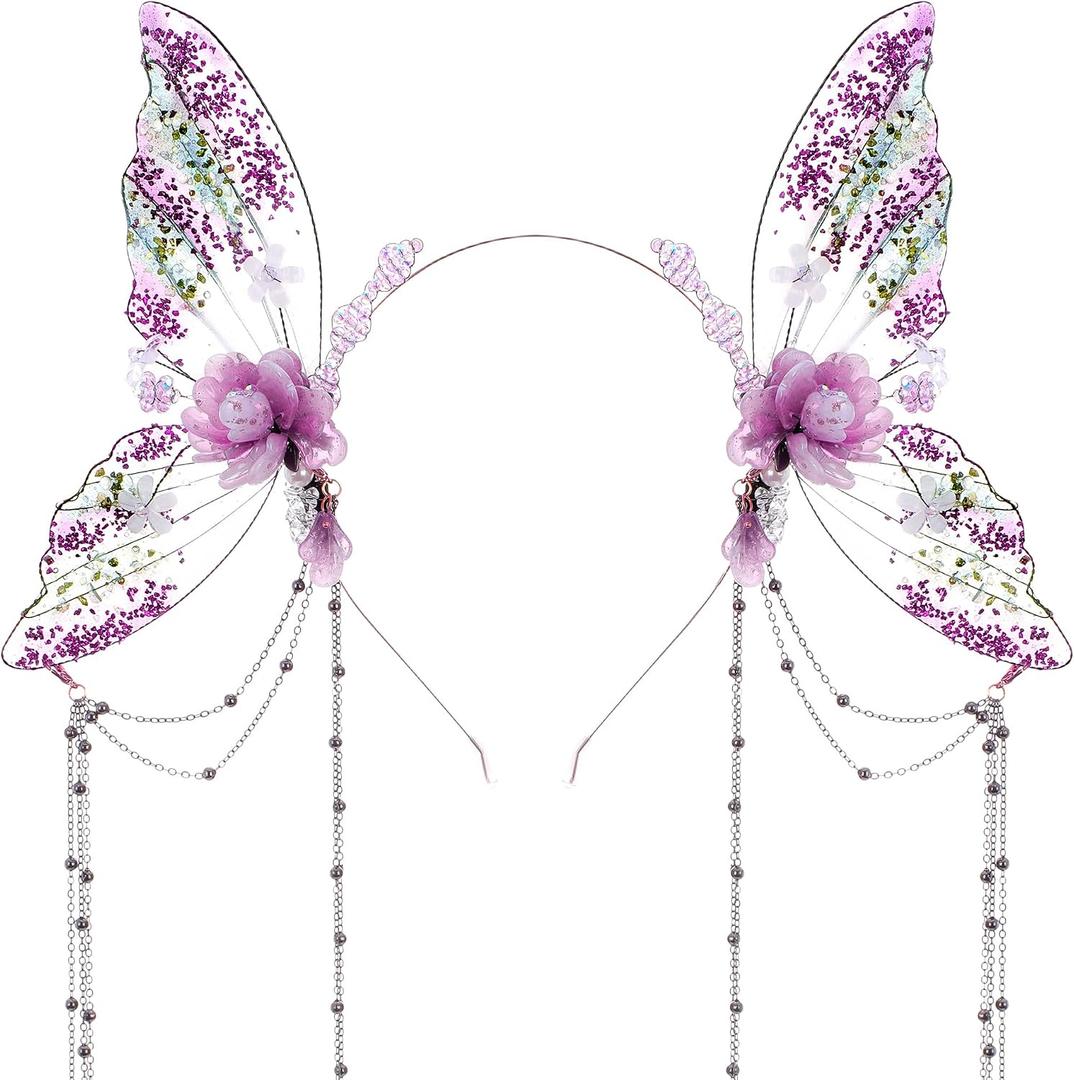 MOSTORY Fairy Butterfly Wings Headband - Flower Fairy Wings Headband with Tassel for Women Renaissance Renfaire Cosplay