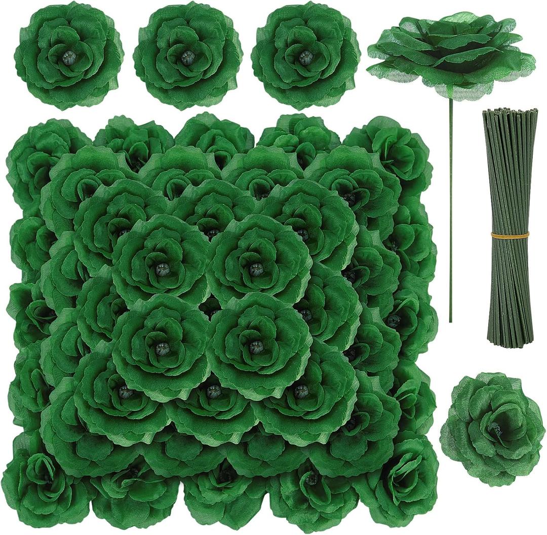 LELEE Rose Head Flowers with Stem - 108pcs Emerald Green Rose Artificial Flowers Bulk - Silk Rose Fake Flower for Wedding Bouquet Party Home Decor DIY Centerpieces Tables St Patrick's Day Decoration