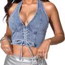 MakeMeChic Women's Denim Corset Top Jean Halter Crop Top Lace Up Y2K Vest Top (Blue, L)