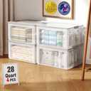 OlarHike 28QT Stackable Storage Bins with Lids, 4 Pack Plastic Collapsible Organizer Box, Foldable Clear Totes & Containers for Closet, Living Room, Garage, Straight Design Offers More Space