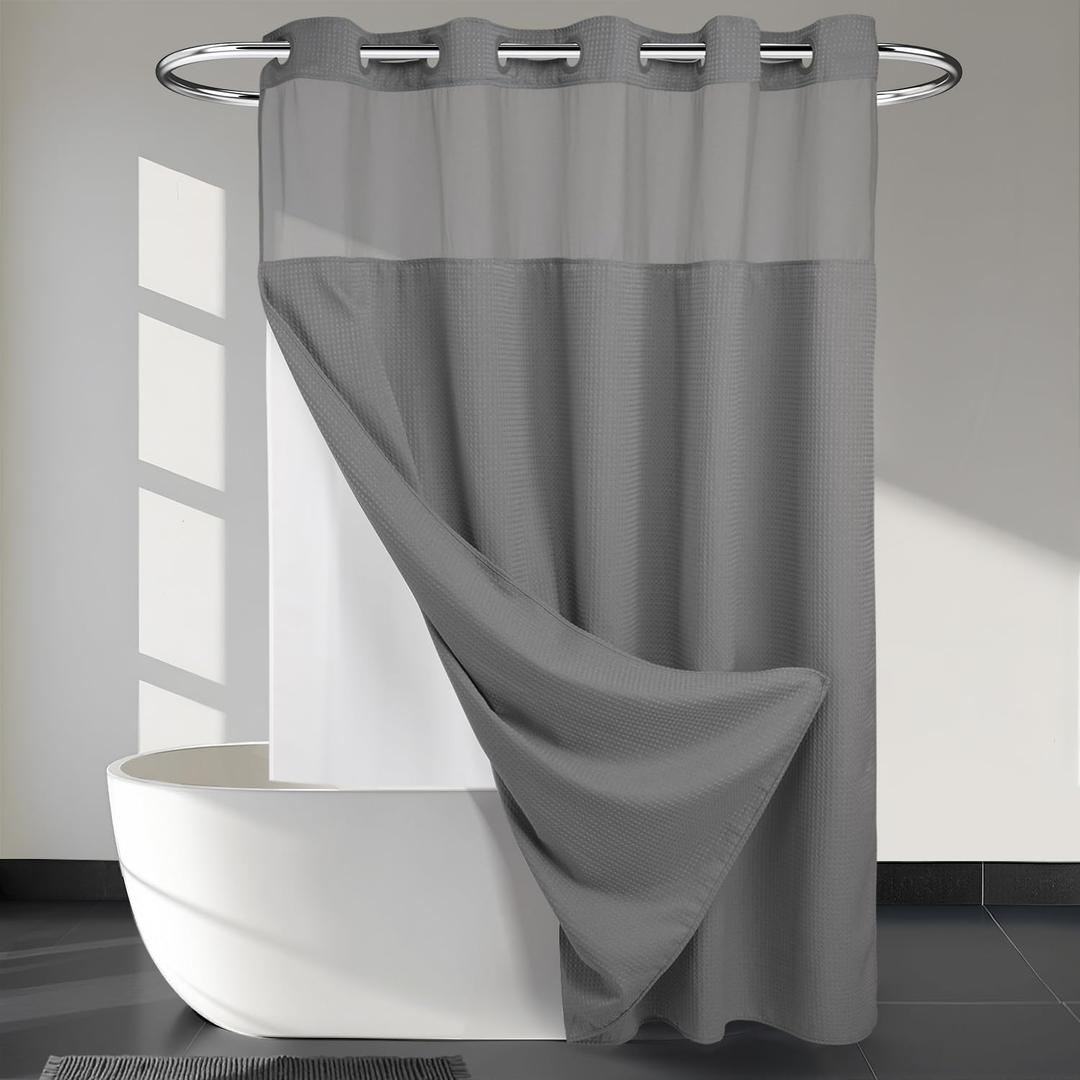 River Dream Heavyweight Grey No Hooks Required Dotted Waffle Weave Shower Curtain with Snap in Liner - 71W x 74H,Hotel Grade,Spa Like Bath Curtain,Gray