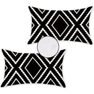 HOMFREEST Black and White Outdoor Pillow Covers 12x20 Waterproof Geometric Boho Pillows Patio Furniture Cushion Case Set of 2
