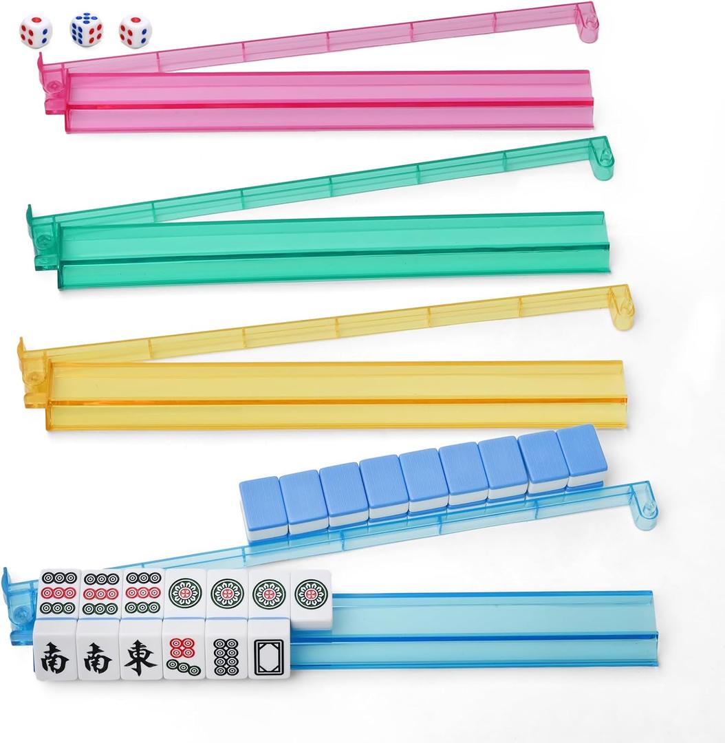CHICMOSS Mahjong Racks with Pushers, All-in-One Mahjong Tile Pushers and Racks with 3 Dices, Modern American Tile Set of 4 (White)
