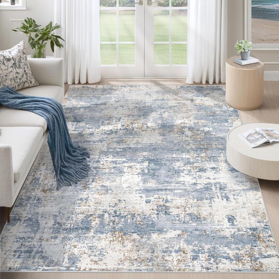 5x7 Area Rugs for Living Room, Washable Modern Abstract Large Area Rug Neutral Soft Non Slip Kids Rug Stain Resistant Indoor Carpet for Bedroom Nursery Dining Room Home Office (Blue, 5'x7')