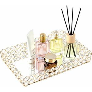 Feyarl Mirrored Crystal Vanity Makeup Tray Ornate Jewelry Trinket Organizer Cosmetic Perfume Bottle Decorative Tray Home Deco Dresser Skin Care Storage (Rectangle 12" x 8")