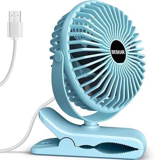 BESKAR Small Clip on Fan, 3 Speeds USB Fan with Strong Airflow, Clip & Desk Fan USB Plug in with Sturdy Clamp - Ultra Quiet operation for Office Dorm Bedroom Stroller