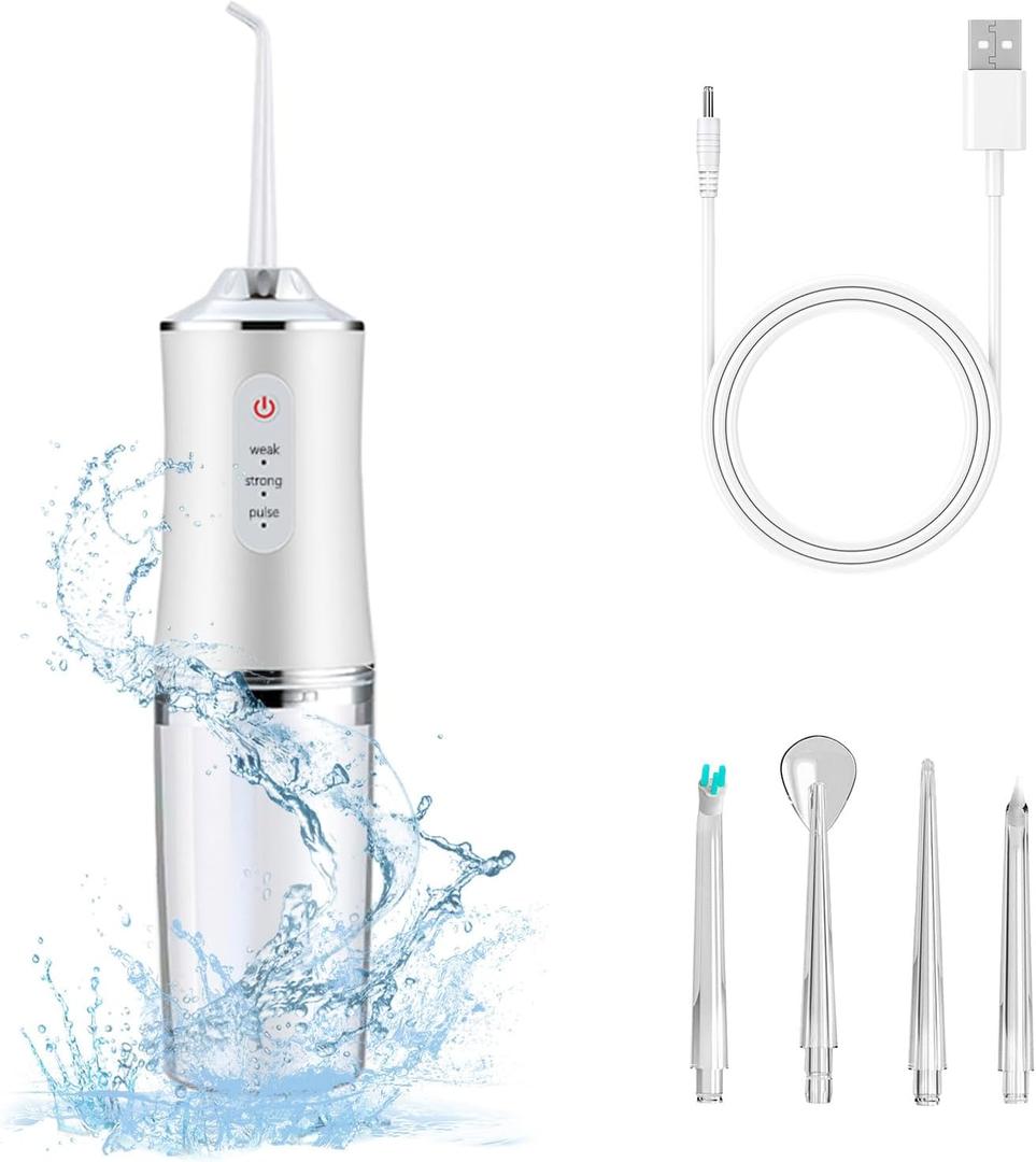 Electric Water Flosser Cordless for Teeth 3 Modes 4 Jet Tips Cleaning and Flossing Water Dental Portable Floss Irrigator Oral Water Flossed Rechargeable Tonsil Stone Travel Adults (White)