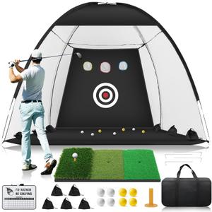 Golf Net, 10x7ft Practice Net with Foldable Tri-Turf Mat, All in 1 Golf Hitting Aid with Scoreboard & Target, Chipping Training Nets for Backyard Driving, Gifts for Men Dad Husband Boys