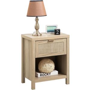 SICOTAS Rattan Night Stands, Farmhouse Nightstand Boho End Side Table Bedside Table with Drawer and Open Shelf for Bedroom, Light Oak