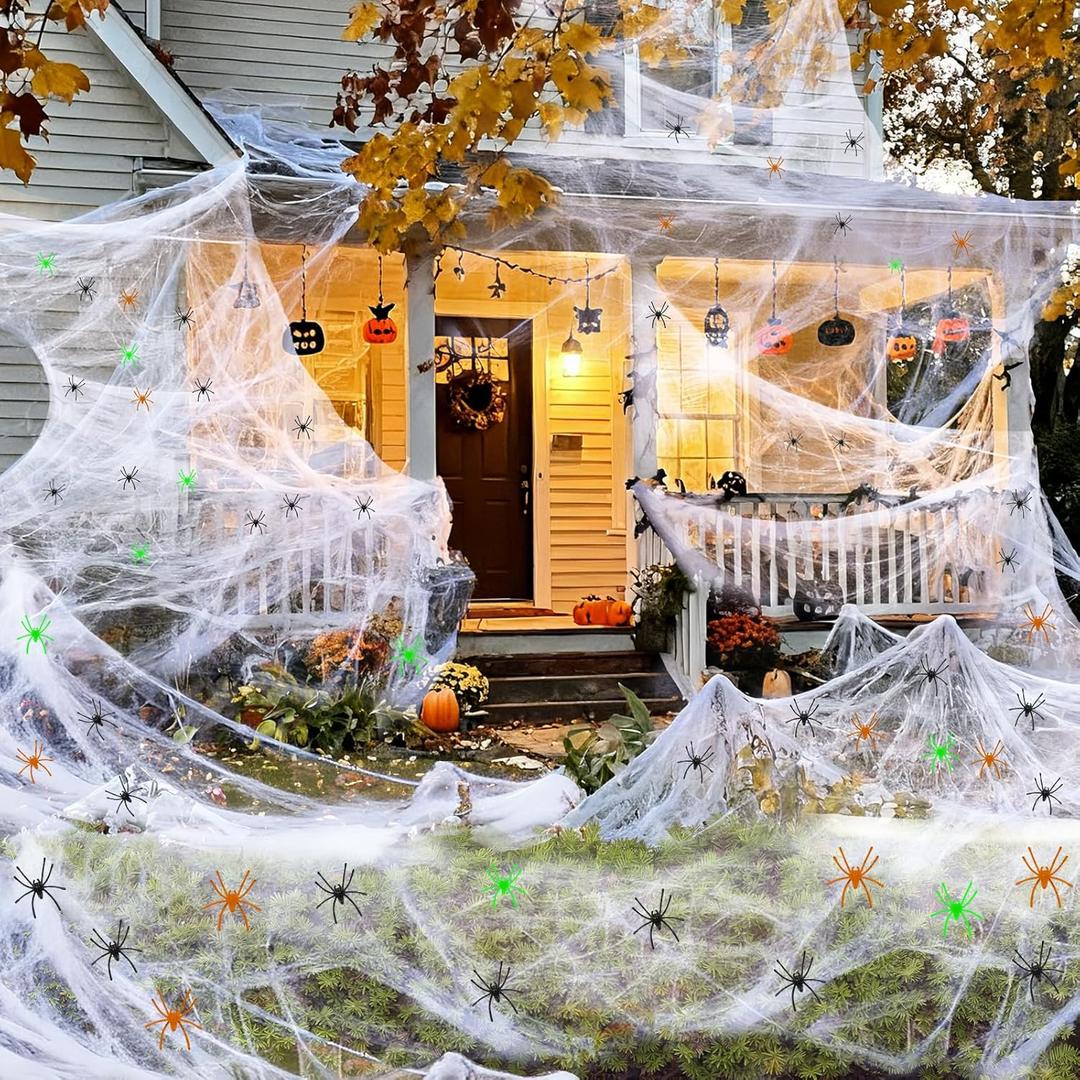 AROIC 1200 sqft Halloween Spider Web, 100 Realistic Fake Spider Halloween Decorations, Super Stretchy Cobwebs for Outdoor and Indoor Haunted House Party Supplies, Glow in The Dark Spiders