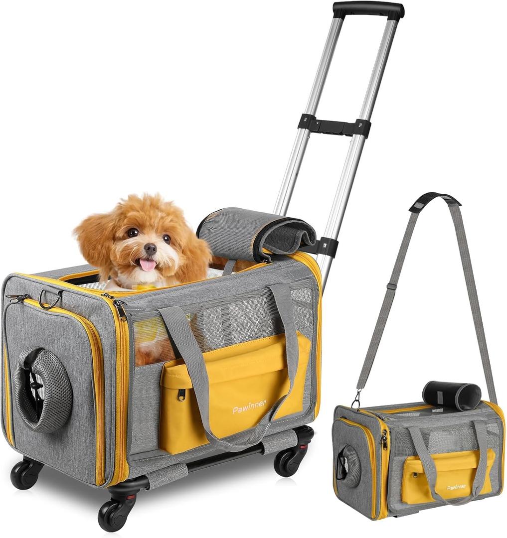 Pawinner Pet Carrier with Wheels, 17.7" x 13" x 13" Airline Approved Cat Carrier for Pets up to 20lbs, Newly Designed Rolling Travel Bag with Telescopic Handle, for Small Dogs and All-Breed Cats