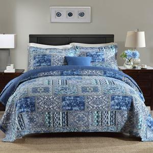 NEWLAKE Cotton Bedspread Quilt Sets-Reversible Patchwork Coverlet Set, Blue Classic Bohemian Pattern,King Size