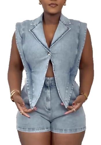 Quzzion Womens Summer Jean Romper Vintage Sleeveless Tops Lapel Button Sexy Denim Short One Piece Jumpsuit Large