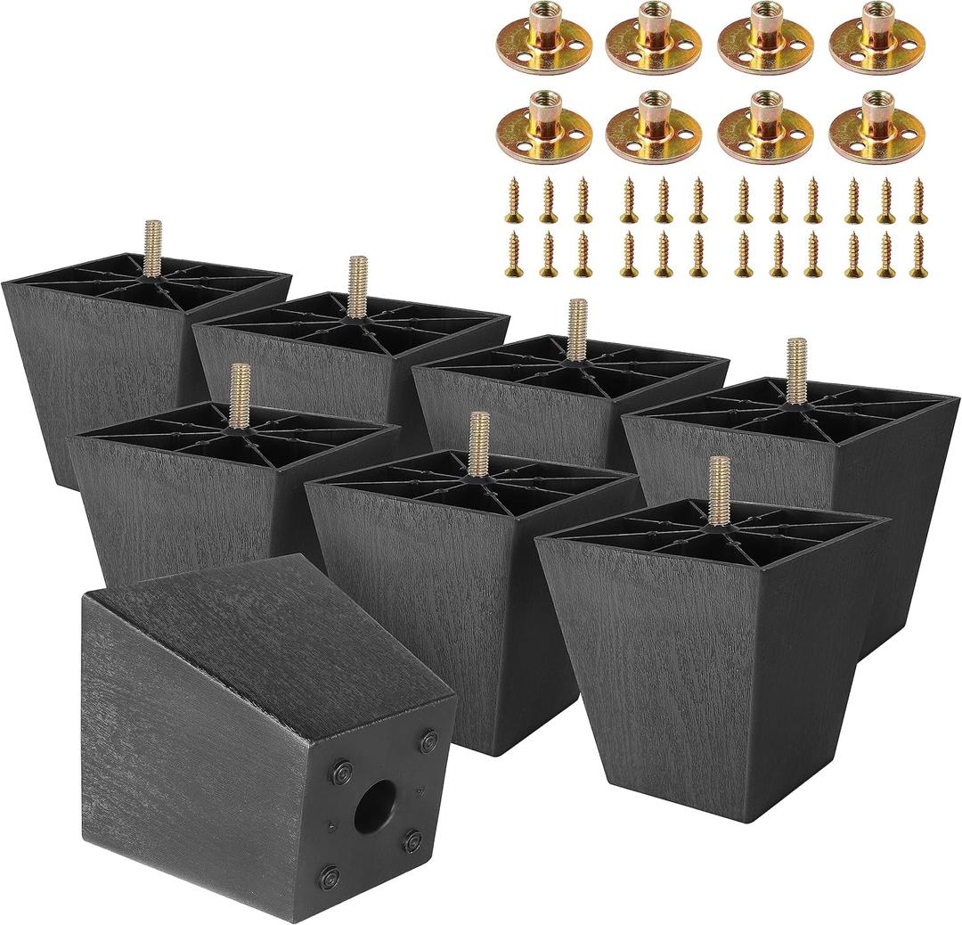 M8-1.25 Metric Thread Bolts Plastic Furniture Legs 4 Inch Black Square Sofa Feet with Plate Nuts - Couch Feet Replacement - Couch Legs Set of 8