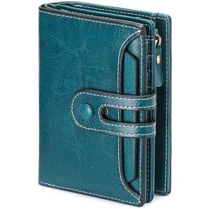 GOIACII Small Wallet Women Rfid Blocking Genuine Leather Compact Bifold Card Holder for Women with Zipper Coin Pocket 2 ID Windows, Teal