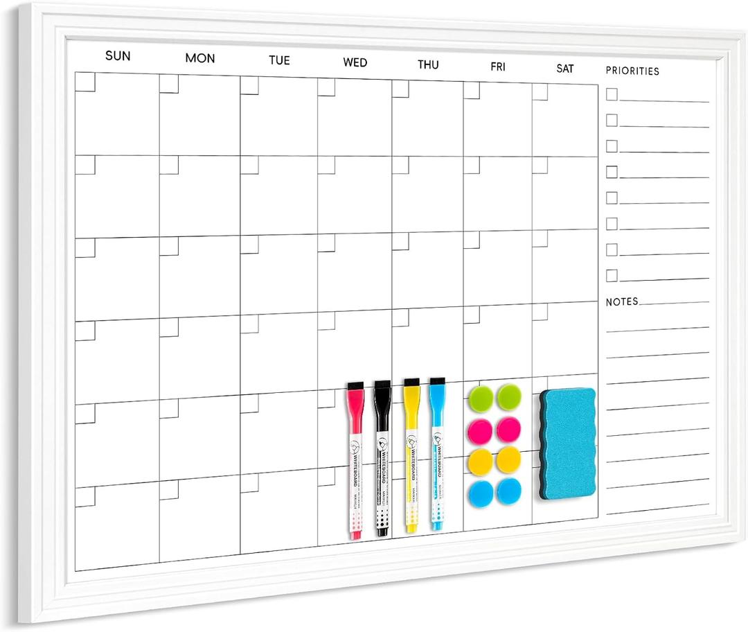 DOLLAR BOSS Magnetic White Board Calendar 24''x 18'', Monthly Dry Erase Planner for Wall with White Wood Style Frame for Office, School, Dorm, Home Decor