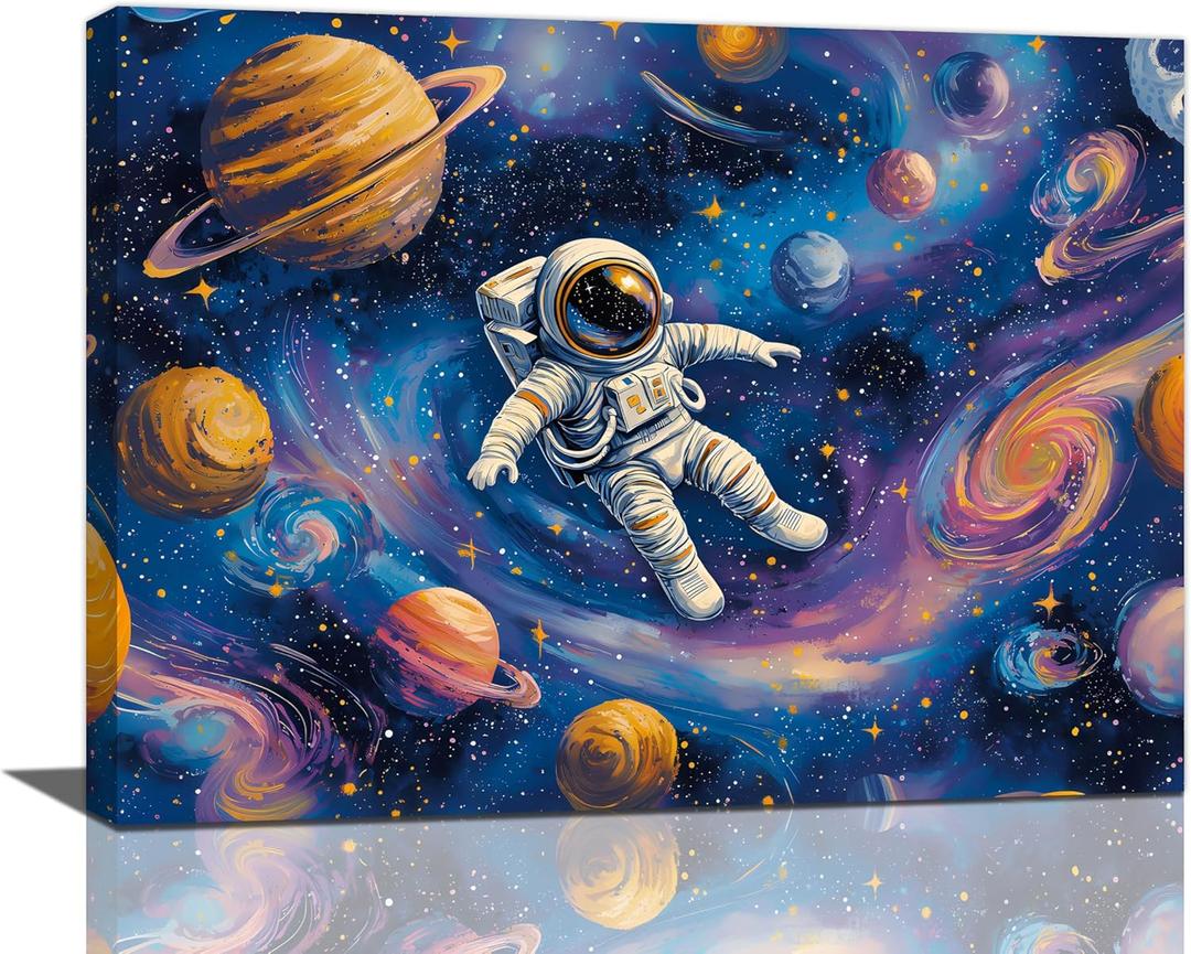 Lovira Astronaut Outer Space Wall Art Cool Galaxy Canvas Wall Decor Starry Sky Pictures Prints Painting Poster Framed Artwork Decorations for Bathroom Bedroom Kids Boys Girls Room 16"x12"
