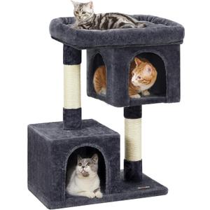 Feandrea Cat Tree, 33.1-Inch Cat Tower, Plush Condo for Large Cats up to 16 lb, Large Perch, 2 Caves, Scratching Post, Smoky Gray UPCT61G