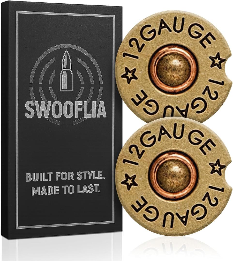 Swooflia Car Coasters for Men - 12 Gauge Bullet Shaped Ceramic Car Cupholder Coaster Cool Absorbent Mat Coaster with Cork Base 2 Pack Automotive Cup Holder Accessories New Driver Gifts