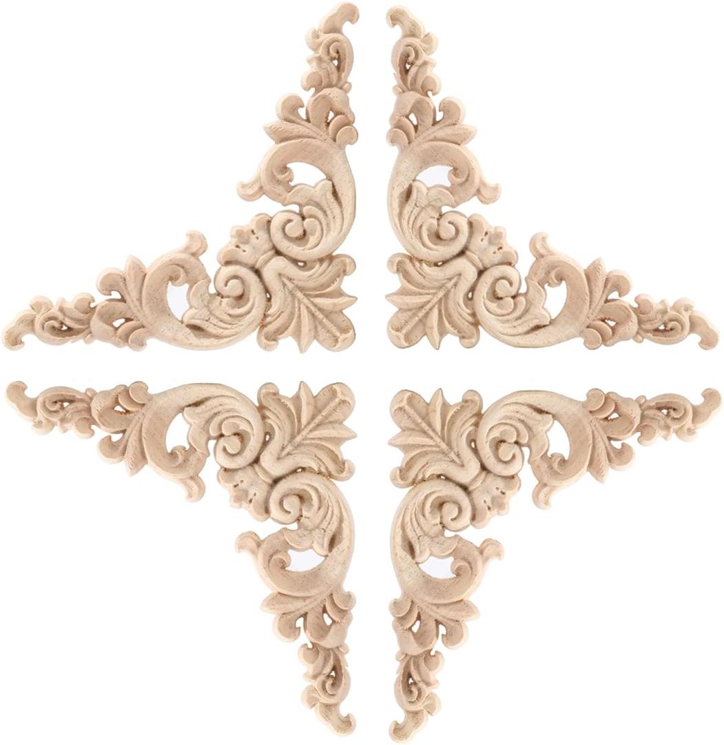 4PCS Corner Wooden Carving Decal Unpainted Wood Appliques Onlays DIY Wood Carved Furniture Appliques Onlays for Wall Bed Door Wardrobe Cabinet Furniture Decoration(02,12x12cm/4.72x4.72inch)
