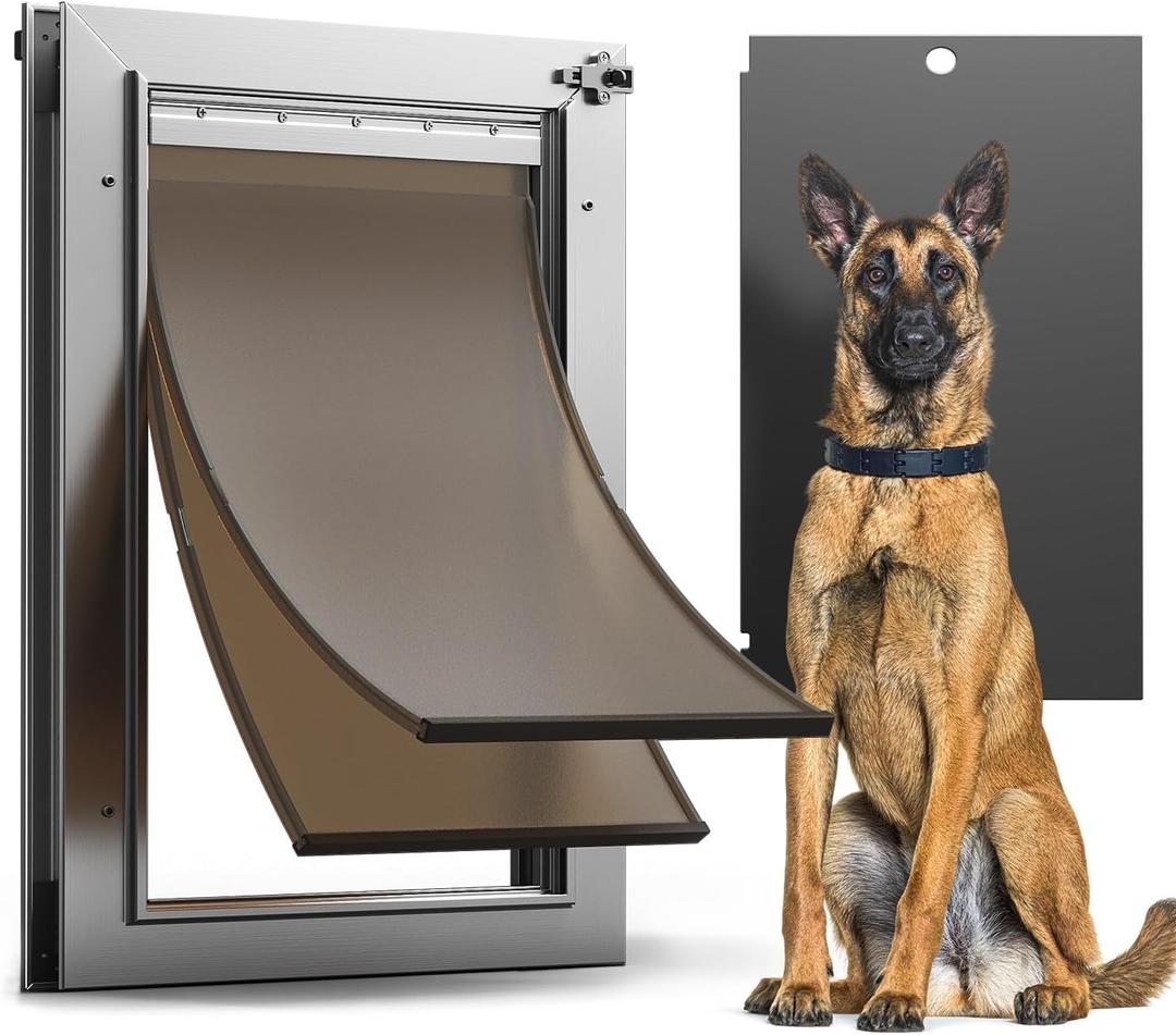 Dog Door, All Aluminum Large Dog Door, Heavy Duty Doggy Doggie Pet Door for Install in Interior Exterior Doors or Wall, 2 Magnetic Flaps, Energy Efficient, Closing Panel for Pets Up to 110Lb