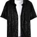OYOANGLE Men's Sequin Shiny Button Down Shirt Short Sleeve Collared Shirts Party Holiday Tops (Medium, Black)
