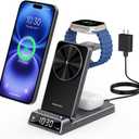 3 in 1 Charging Station for Apple, Magnetic Charger for iPhone, Foldable Wireless Charger with Clock, Travel Watch Charger Stand for iPhone 17/Air/16/15 Series, iWatch 10/AirPods 4 (Grey)