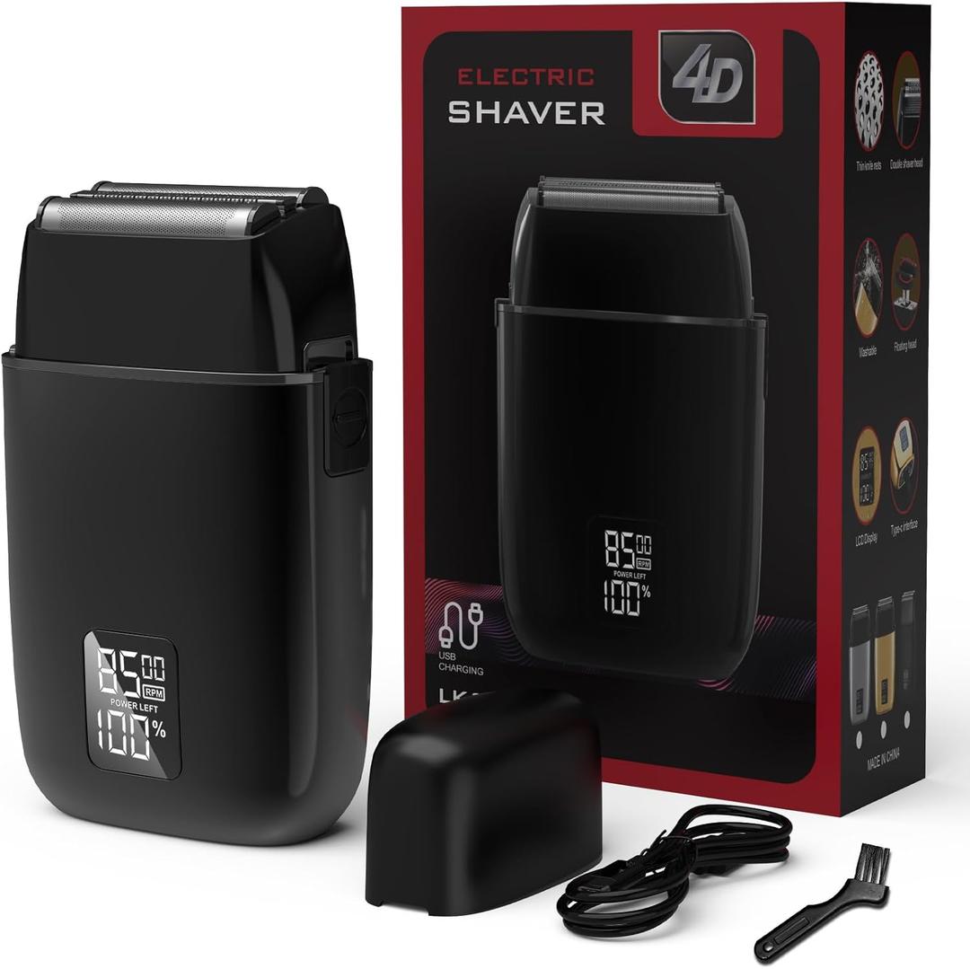 Electric Foil Shaver for Men, Electric Foil Shavers with 3 Blade Floating Head Wet/Dry, Rechargeable, LED Display, IPX7 Waterproof, for Face/Beard/Head Shavers (Black)