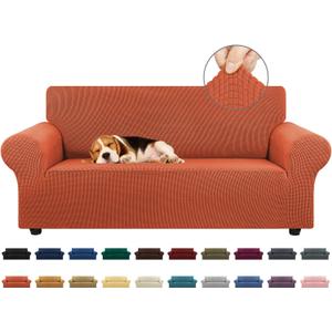 KEKUOU Stretch Loveseat Sofa Cover Slipcover,Couch Covers for 2 Cushion Couch Sofa (55"-78") Furniture Protector Sofa with Elastic Bottom for Kid,Dog. Jacquard Small Checked (Medium,Pureed Pumpkin)