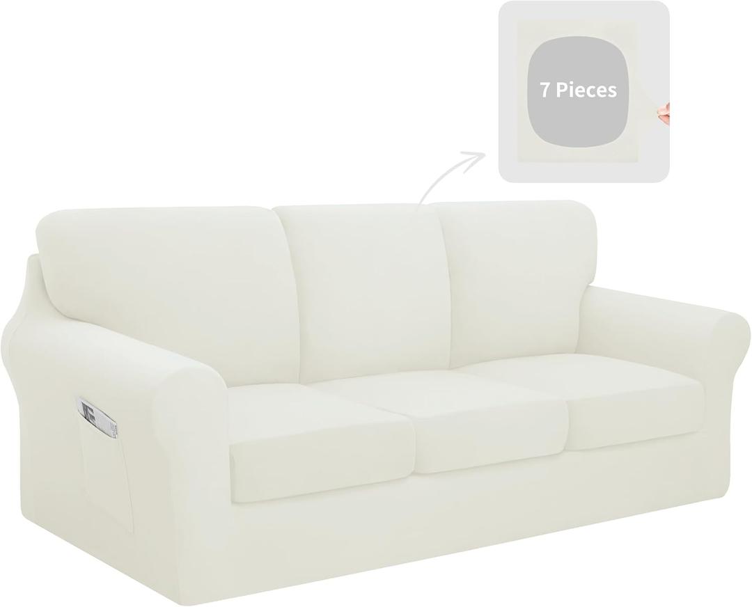 Easy-Going 7 Pieces Stretch Couch Cover Washable Sofa Cover Set for 3 Backrest and Seat Cushion Couch Anti-Slip Sofa Slipcover Furniture Protector with Elastic Bottom (Large, Ivory)