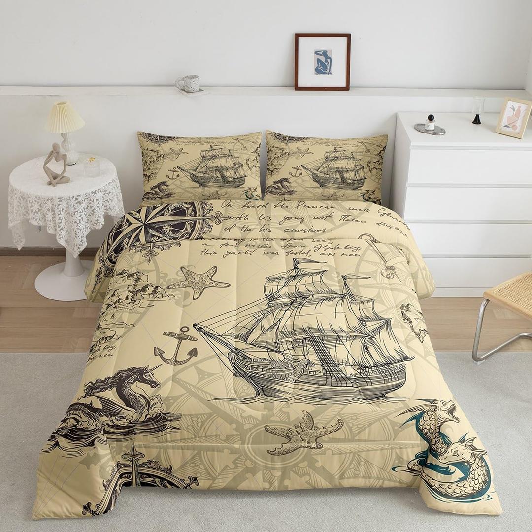 Erosebridal Vintage Sailboat Comforter Set Twin Size Retro Ocean World Map Duvet Insert for Kids Girls,Compass Sealife Bedding Set Fish Marine Life Quilted Duvet,Nautical Sea Animal Bedroom Decor (Multi 37)