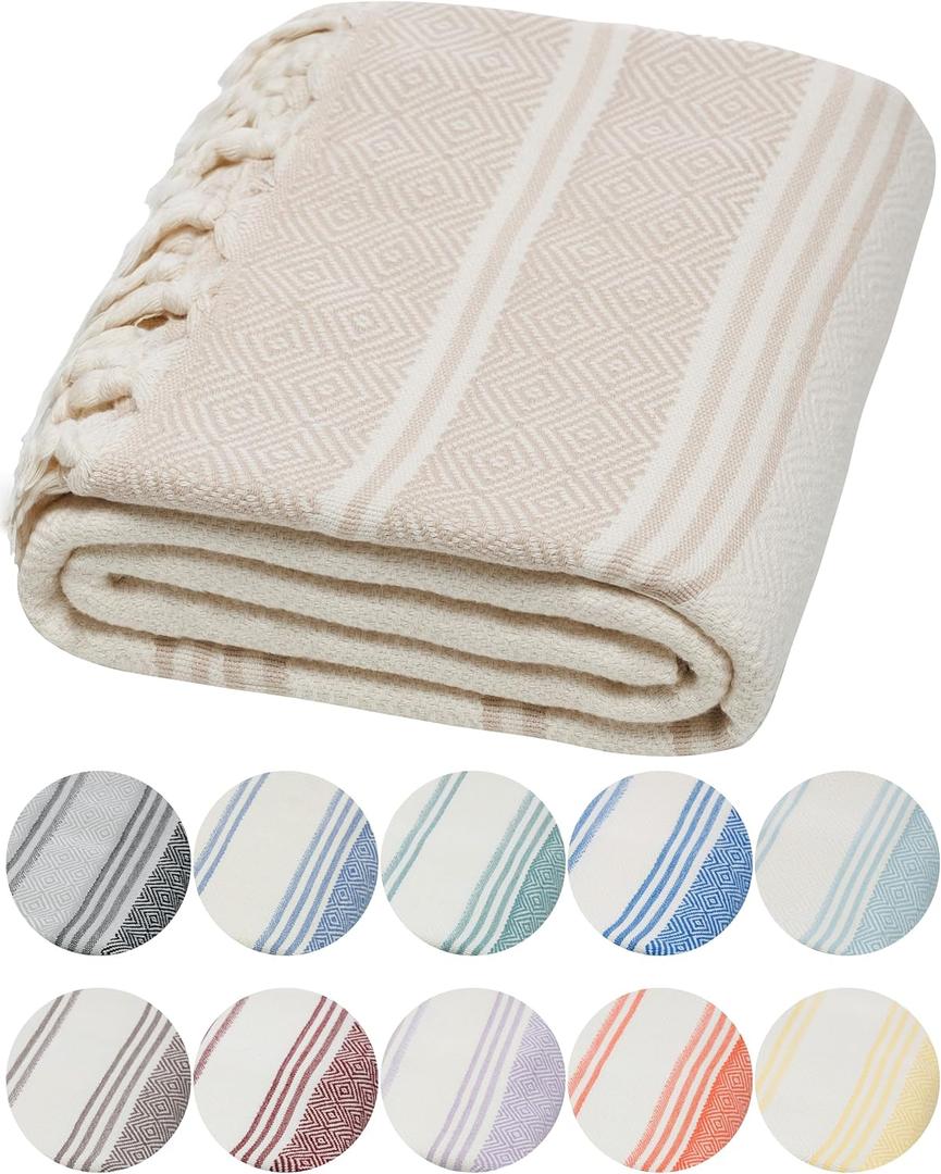 DEMMEX Organic Turkish Cotton Ultra Soft Bath Towel - Luxury Oversized Peshtemal for Bathroom, Bath Sheet - Lightweight Quick-Drying Beach Towel - Prewashed, Diamond Weave, 71x36'', White-Beige