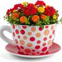7.5" Round Ceramic Teacup Shape Planter Pot with Saucer for Succulents Orchids Herbs Cactus Indoor Houseplants Flowers, Gift for Mother's Day - Orange Polka Dot Planter