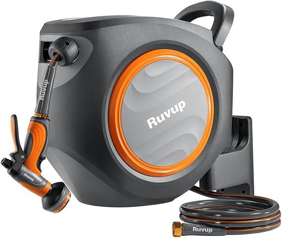 Ruvup Garden Hose Reel 1/2"x150ft Retractable Water Hose With Metal Bracket | Automatic Rewind, Slow Auto Retraction, Wall Mounted, UV Resistant, Heavy Duty, Any Length Lock, 10 Spray Nozzle, 180° Swivel