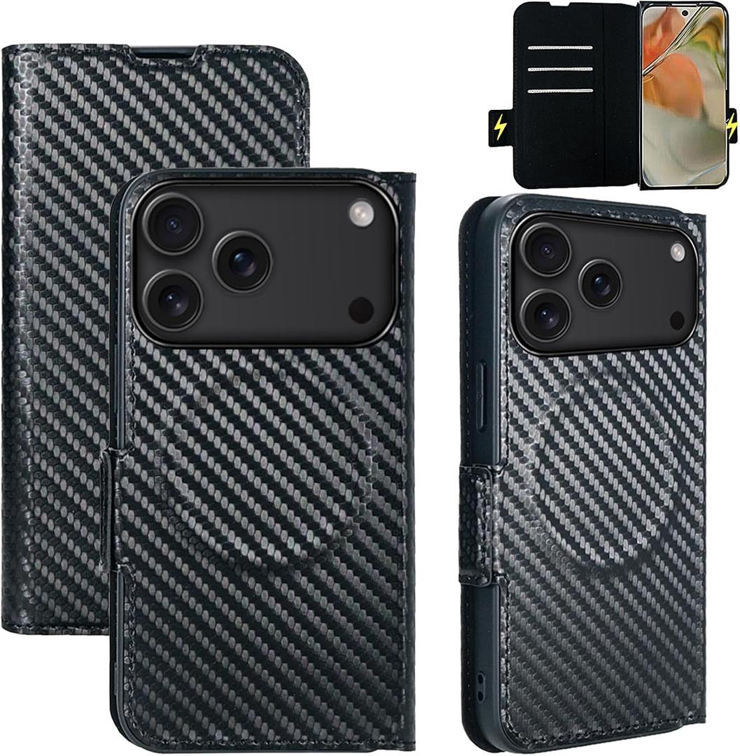 for iPhone 17 Pro Max Wallet Case with Card Holder Slots Compatible with MagSafe, Luxury Carbon Fiber Leather with RFID Blocking, Shockproof Slim Phone Cover Case for iPhone 17 Pro Max (Black)