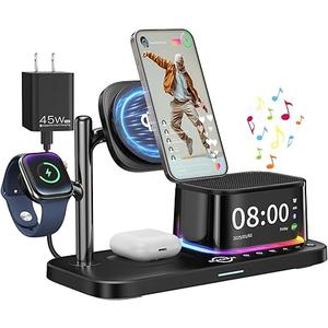 7in1 Wireless Charging Station for Multiple Apple Devices Bluetooth Speakers Alarm Clock Night Light, Qi2.2 MagSafe Charger Stand for iPhone 17/16/15 Pro Max Apple Watch Airpods with 45W Adapter