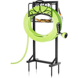 Stable Garden Hose Holder with Storage Basket and Tool Hooks, Heavy-Duty Garden Hose Storage Metal Hose Hanger Holds 160Ft, Rustproof Freestanding Water Hose Holder for Outside,Yard,Lawn,Farm