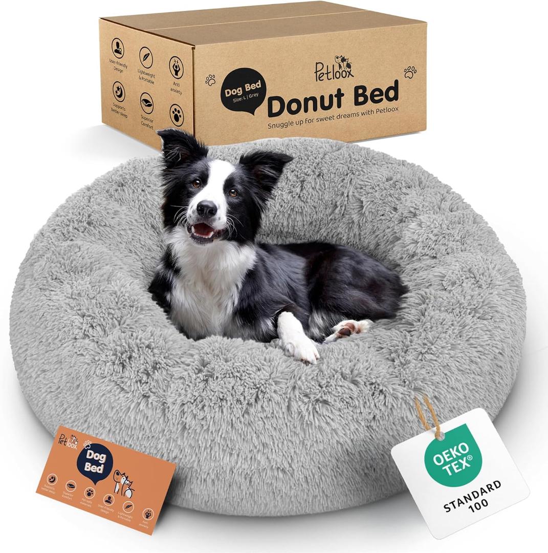 Donut Dog Bed - Premium Comfort for Anxiety Relief - Fluffy & Calming Design with Ultra-Plush Support | Cozy Round Dog Bed with Super Soft Circle Style (Size L Grey)